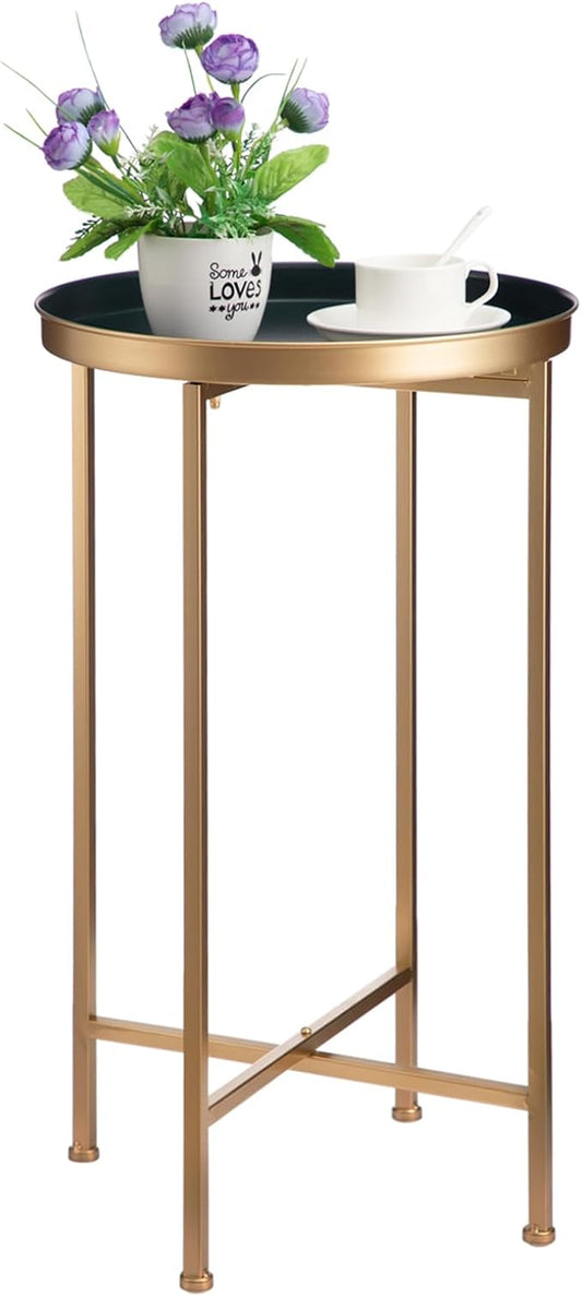 HollyHOME Small Round Metal Waterproof End Table, Accent Indoor&Outdoor Coffee Side Table, Snack Sofa Table for Living Room, Anti-Rust Decorative Plant Stand, (D) 14.5" x (H) 25", Gold&Navy Blue-NeatNest
