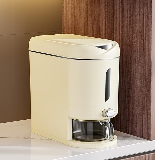 Rice Dispenser Cereal Dry Food Storage Containers with Measuring Cup and Water Filter Cover,Moisture Proof Airtight Food Dispenser Bucket for Rice,Corn,Coffee Bean,Grain,Soybean and Oatmeal,White,12LB-NeatNest