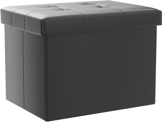 AmasSmile Storage Ottoman Folding Foot Rest Stool, Leather Footstool Bench, Short Ottoman Stool, Storage Foot Rest Store, Books (Black-2pc, 17" D x 13" W x 13" H)-NeatNest