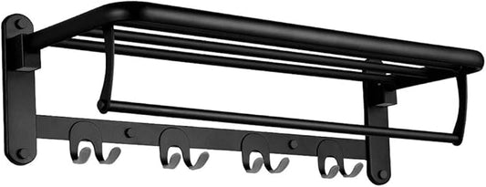 HOONEX Foldable Towel Rack for Bathroom Wall Mounted, with Towel Hooks and Adjustable Towel Bar, 304 Stainless Towel Holder, 24-Inch Bathroom Towel Shelf, Black