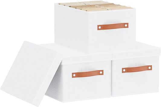 Fabric Storage Bins, 7.1 x 9.1 x 13 Inch Clothes Boxes for Shelves with Lids, Baskets for Organizing with Handles, Decorative Linen Closet Organizers, White, 3 Pack-NeatNest