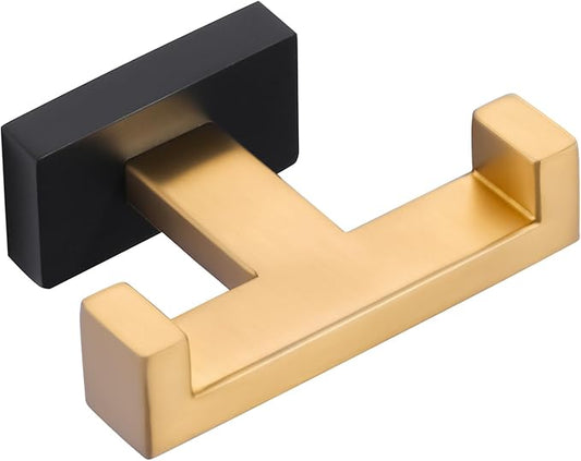 Double Bathroom Towel Hook - Modern Gold & Black Tower Holder - Heavy Duty Robe Hooks for Wall - Stainless Steel Shower Towel Hanger