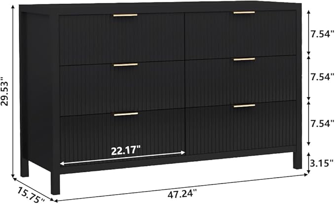 6 Drawer Dresser Cabinet, Long Nightstand with Drawers and Storage Cabinet, Solid Wood Dresser TV Stand, Mid Century Modern Nightstand with 6 Drawer Dresser for Bedroom Closet (Black)