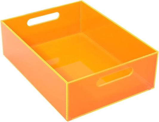 Acrylic Storage Bin Pantry Storage Container with Handles Kitchen Organizer Bin for Cabinet Cupboard Organization, Heavy Duty, 12.6 x 9.4 x 4'', Neon Orange