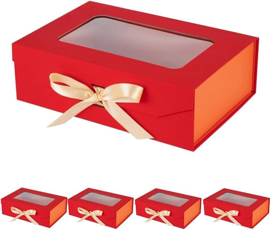 5 Pcs Red Gift Box for Presents with Ribbon 10.8x7.5x3.5 Inches Clear Gift Box with Window Magnetic Closure Gift Boxes with Lids-NeatNest