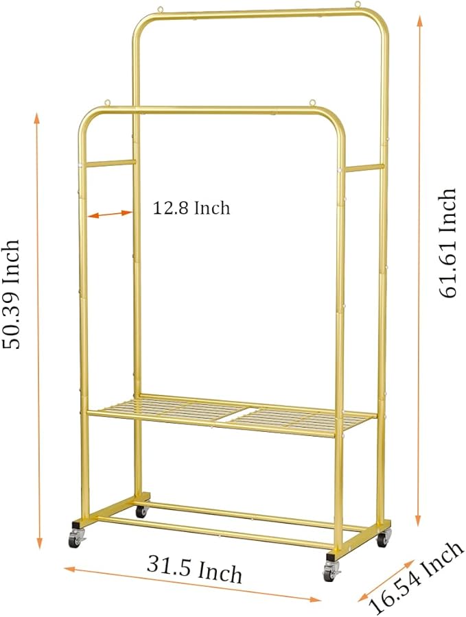 Clothes Rack with Wheels Garment Rack for Hanging Heavy-Duty Clothing Rack Metal Rolling Clothes Shelves for Bedroom, Closet (Golden)-NeatNest