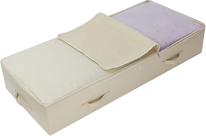 39.4" Ultra-Length Foldable & Washable Underbed Storage Organizer Containers for Clothing, Shoes, Bedding - Ideal for Bedroom, College Dorm (Black Gray), Beige-NeatNest