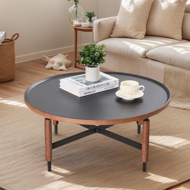 LukeAlon Modern Round Coffee Table Circle Wooden Table Top with Black Cross Legs Base, Rustic, Vintage, Living Room Easy Assembly, Black(31" D x 31" W x 13.5" H)