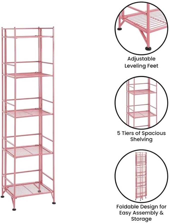 Convenience Concepts Xtra Storage Shelves - 5-Tier Folding Metal Storage Shelves, Closet Organizer for Office, Laundry Room, Bedroom, Garage, Kitchen, Bathroom, Pink-NeatNest