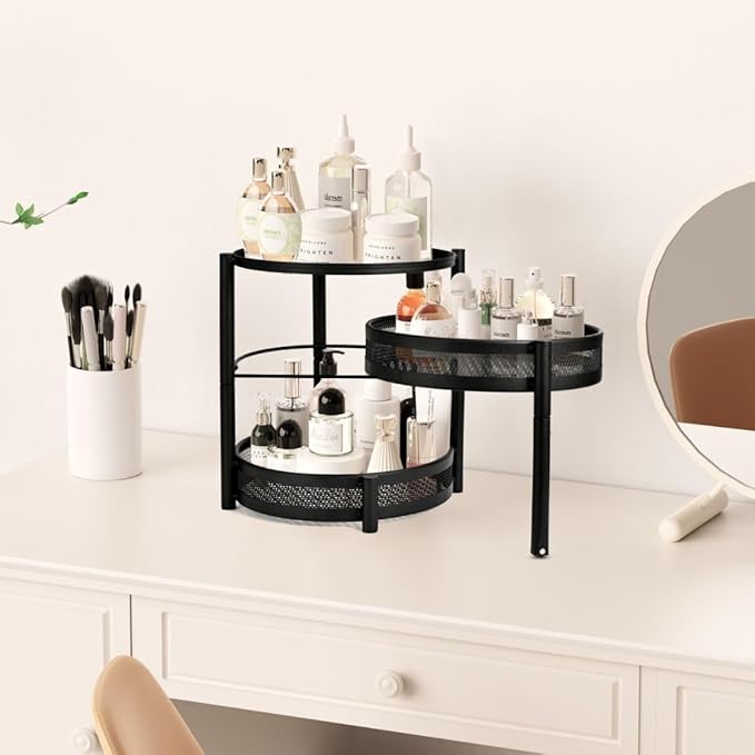 IBERG Spice Rack with Rotating Turnable Tier, Versatile Countertop Organizer for Kitchen Bathroom Accessories (Black)