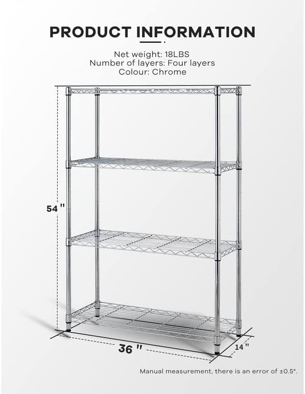 4-Tier Storage Shelves Adjustable,Wire Shelving Heavy Duty Storage Rack(250 Lbs Loading Capacity/Shelf) Metal Organizer Wire Rack Shelf for Pantry Garage Kitchen 36" D x14 W x 54" H -Chrome-NeatNest