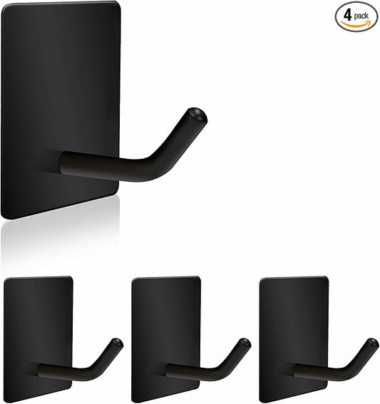 Adhesive Hooks Heavy Duty, Stainless Steel Self Adhesive Wall Hooks, Sticky Towel Hangers for Kitchen Bathroom, Waterproof Stick on Door Hooks for Hanging Robe Key Hat Coat(4Pack-Short(Black))