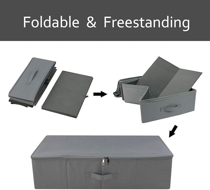 Folding Washable Rigid Underbed Storage Boxes with Zip Lid for Garment, Clothing, Blankets for Bedroom, College Dormroom, Wardrobe, Shelf Baskets, Pack of 3, Black Gray-NeatNest