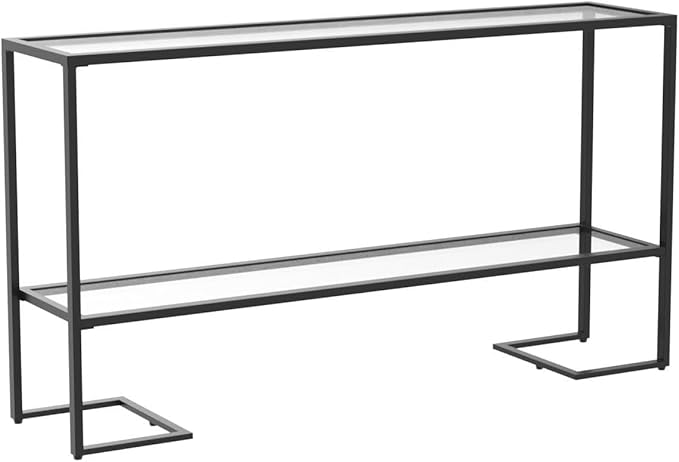 Cozy Castle 52" Console Table, 2-Tier Narrow Tempered Glass Sofa Table with Metal Frame for Living Room, Hallway, Bedroom, Black-NeatNest