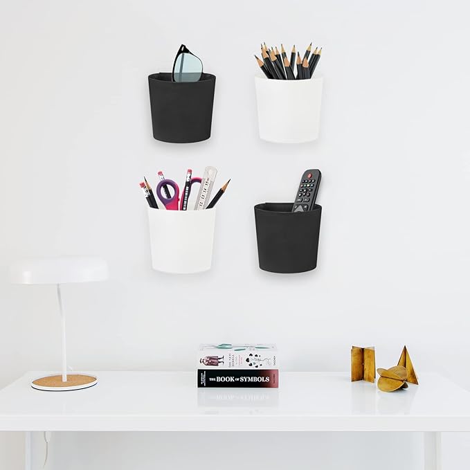 4 Pack Wall Caddy Pen Holders, White & Black Pencil Cups Organizer for Marker/Remote/Crayon/White Board, with Adhesive Stickers, Office Craft Class Kids Room Art Rolling Cart Hanging Cups