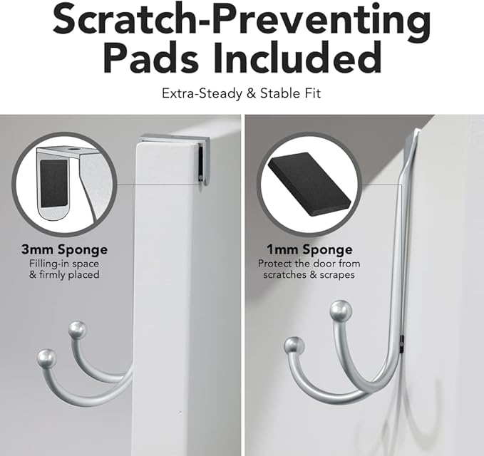 2-Pack Over The Door Hooks - with 2 Hang Heads & Snug Fit Pads Heavy Duty Hook for Hanging Coats, Towels, Caps & Robes - Elegant Matt Finish - No Drill Hanger Organizer - Silver