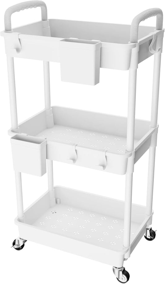 3 Tier Rolling Utility Cart with Handle,REBECAT Utility Cart Made of Multifunctional Storage Organizer Tool for Kitchen,Bathroom,Living Room,Office(White)-NeatNest