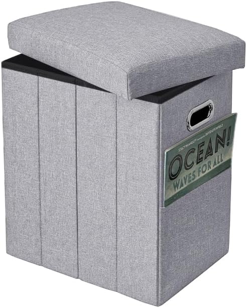 Tall Ottoman with Storage Collapsible Fabric Small Slim Folding Ottoman Furniture with Handles Lid for Room Footrest Foot Stool Linen Light Grey 16.5x16.5x11.8in