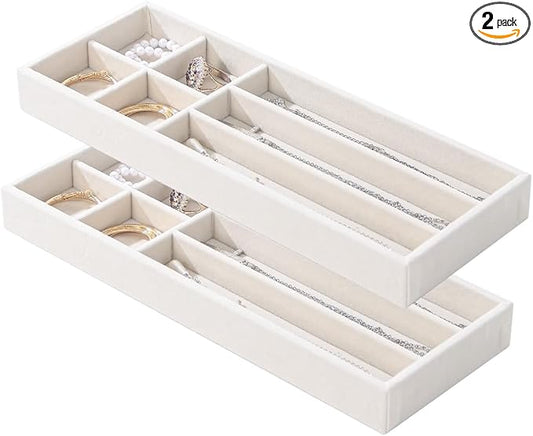 2Pcs Desk Drawer Storage Tray, Nightstand Organizer Tray, Necklace Bracelet Ring Earring Jewelry Display Tray, Grid Table Organizer Holder Tray for Sunglass, Phone, Watch, Perfume (7 grid)/Beige-NeatNest
