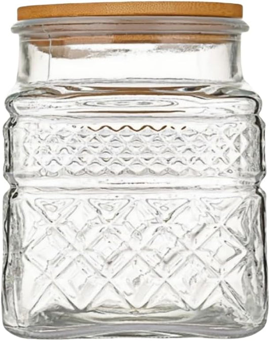 ANSQU Square Glass Jar, Candy Jar with Lid, Glass Food Storage Containers for Ground Coffee, Tea, Sugar, Decorative Mason Jar (Transparent, 37oz)