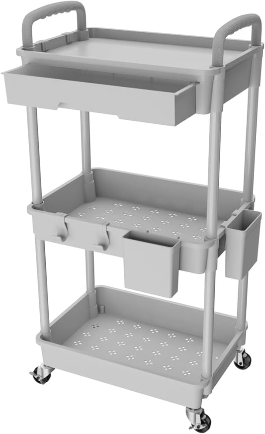 3 Tier Rolling Utility Cart with Drawer,REBECAT Utility Cart Made of Multifunctional Storage Organizer Tool for Kitchen,Bathroom,Living Room,Office(Gray)-NeatNest