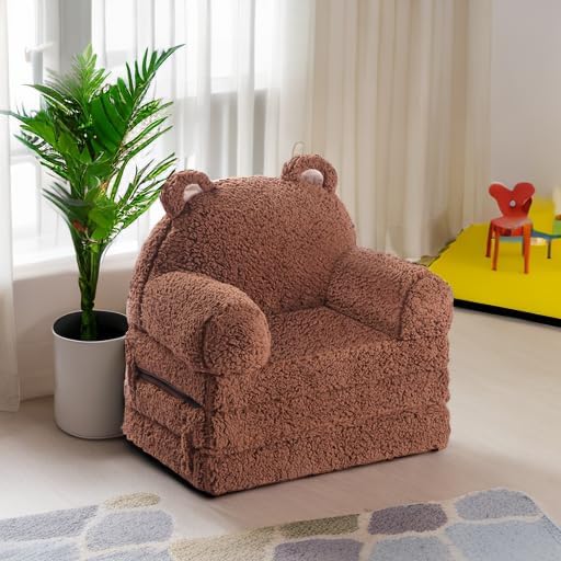Foldable Kids Sofa, Sherpa Teddy Bear Toddler Couch with Tri Folding Foam Cushions, Comfy Couch for Kids Age 18 Months and Up-NeatNest
