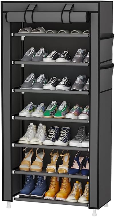 Calmootey 7 Tier Shoe Rack Organizer,Portable Shoe Shelf with Nonwoven Fabric Cover for Closet Hallway,Bedroom,Entryway,Grey-NeatNest
