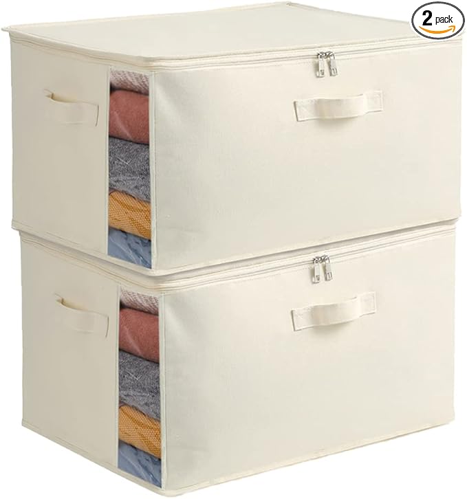 2 Pack Large Canvas Comforter Storage Bags Closet Organizer for Clothes Sweater Clothes Organizer with Dual Zipper Three Carrying Hand-NeatNest