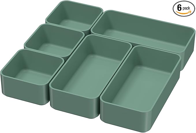 6 Pcs Stackable Drawer Organizer Set Desk Drawer Dividers, Bathroom Vanity Cosmetic Makeup Trays , Multipurpose Plastic Storage Bins for Jewelries, Kitchen Gadgets and Office Accessories, Green-NeatNest
