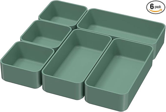 6 Pcs Stackable Drawer Organizer Set Desk Drawer Dividers, Bathroom Vanity Cosmetic Makeup Trays , Multipurpose Plastic Storage Bins for Jewelries, Kitchen Gadgets and Office Accessories, Green-NeatNest