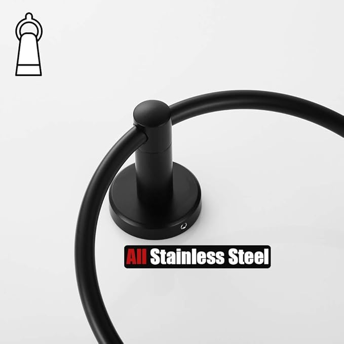 JQK Black Towel Ring, 304 Stainless Steel Matte Black Hand Towel Holder for Bathroom, Wall Mount, TR130-PB