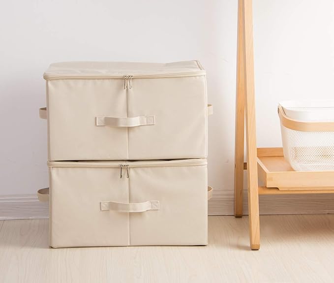 Collapsible Rigid Storage Bins with Lid, Shelves Clothes Storage Cubes, Tide Up Your Wardrobe, Beige, Set of 2-NeatNest