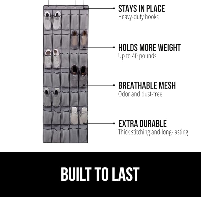 GORILLA GRIP Over the Door Shoe Organizer, 35 Large Breathable Mesh Pockets, Space Saving Hanging Storage Holder, 5 Hook Closet Rack Hanger, Hangs on Closets for Shoes, Accessories 68.5H x 24.5W Gray-NeatNest