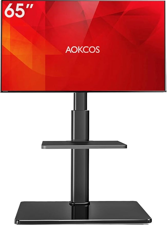Floor TV Stand with 60-Degree Swivel, TV Floor Stand for 32-65 inch TVs up to 88lbs with Tilt, 8 Level Height Adjustable Tall TV Mount Stand with Shelf, Tempered Glass Base, MAX VESA 400x400mm