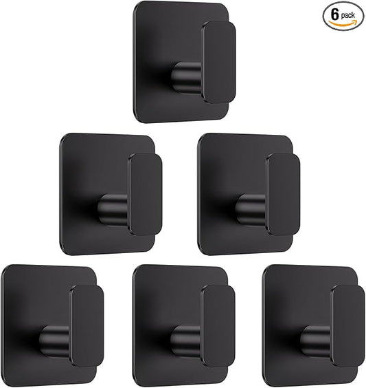 Black Hooks for Hanging Heavy Duty, Adhesive Hooks for Shower, Bathroom, Kitchen, Robe, Towel, Coat, Waterproof & Rustproof Hook for Walls No Damage, Stainless Steel Sticky Hook - 6 Pack-NeatNest