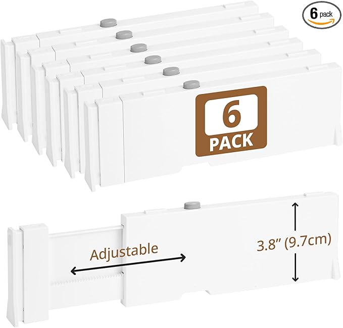 6 Pack 3.8" High Drawer Dividers, 11"-17" Expandable Drawer Organizer For Clothes, Dresser Drawer Organizer, Warm White Drawer Separators for Baby Clothes, Vanity, Cosmetic, Kitchen and Office Storage-NeatNest