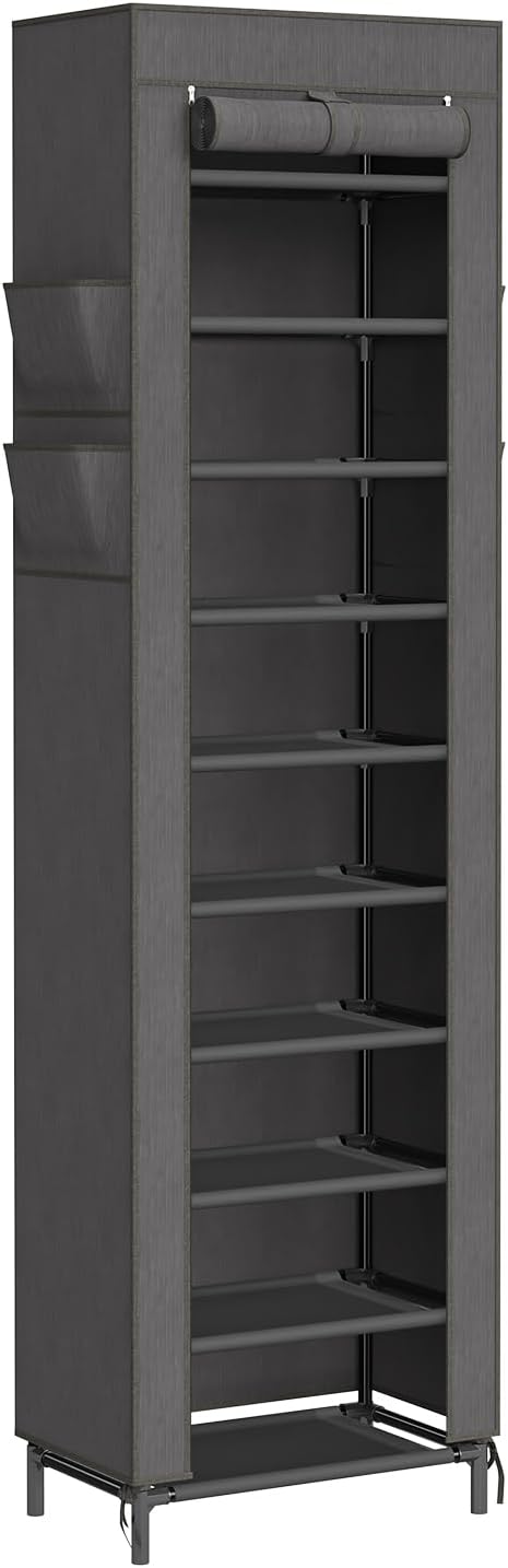 Simple Trending Narrow Shoe Rack with Cover, 10 Tier Shoe Organizer Storage, Tall Free Standing Shoe Cabinet Holds 20 Pairs for Closet, Black-NeatNest