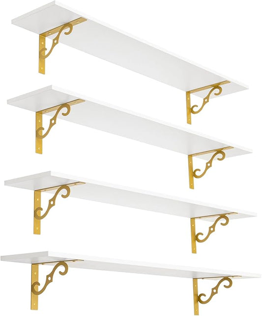 DINZI LVJ Long Wall Shelves, 47.3" Wall Mounted Shelves Set of 4, Wide Floating Shelf with Metal Brackets, for Living Room, Bathroom, Bedroom, Kitchen, Office, White and Gold-NeatNest