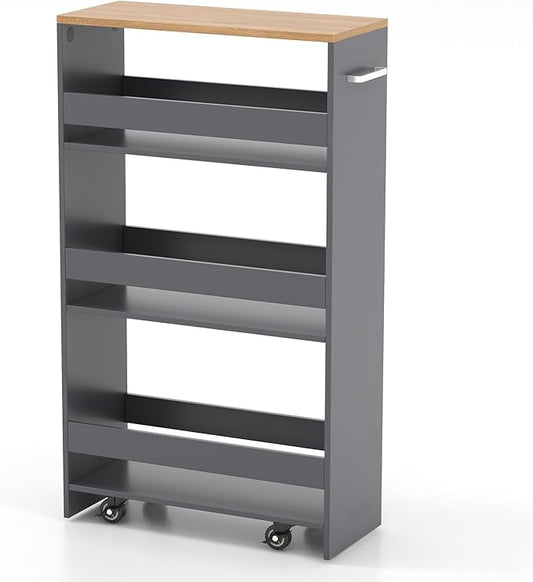 POWERSTONE 4-Tier Slim Storage Cart, Narrow Kitchen Rolling Cart w/Handle & Open Shelves, Skinny Slide Out Utility Organizer Trolley for Kitchen Bathroom Laundry Small Spaces Grey & Natural