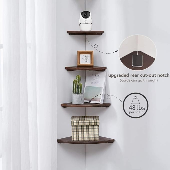 Corner Shelves, Floating Corner Shelf, Set of 2 10inch Solid Oak Wood Corner Wall Shelves, Round End with Wire Hole for Small Plant for Bedroom Kitchen, Living Room-NeatNest