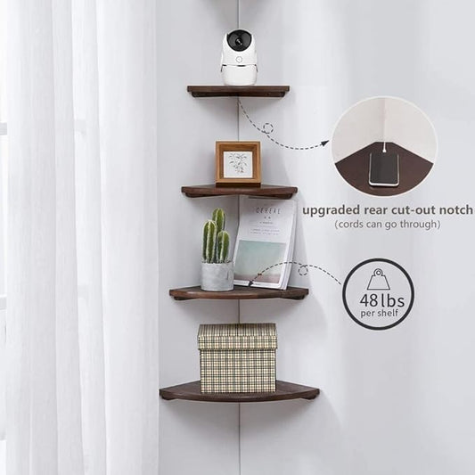 Corner Shelves, Floating Corner Shelf, Set of 3 Solid Oak Wood Corner Wall Shelves, Round End with Wire Hole Shelving for Small Plant for Bedroom Kitchen, Living Room (Size 9/10/12in)-NeatNest