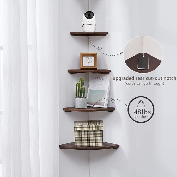 Corner Shelf,14inch Walnut Solid Wood Floating Corner Shelves Wall Mount Round End Floating Speaker Rack with Wire Hole for Small Plant for Bedroom Kitchen, Living Room-NeatNest