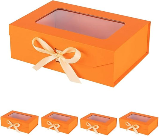 5 Pcs Orange Gift Box for Presents with Ribbon 10.8x7.5x3.5 Inches Clear Gift Box with Window Magnetic Closure Gift Boxes with Lids-NeatNest