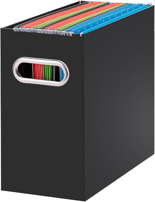 Oterri File Organizer, 1 Pack Small Storage Box, Cardboard File Folder Organizer, Collapsible File Box for Hanging File Folders Letter Size, Portable Filing Organizer with Handle (Black)