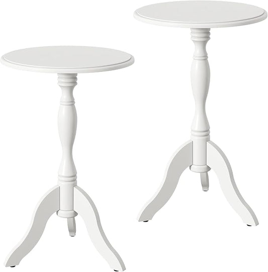 HLR Round Small End Table Set of 2, Wooden Pedestal Side Coffee Table, 2pcs Vintage Accent Nightstand for Living Room, Bedroom, Entryway, Pure White