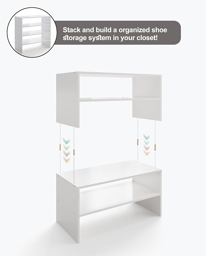 2-Tier Stackable White Shoe Rack, Wooden 2-Shelf Shoe Organizer Freestanding Shoe Storage Stand for 6-9 Pairs, Perfect for Closet, Entryway, Office Use - Modern White-NeatNest