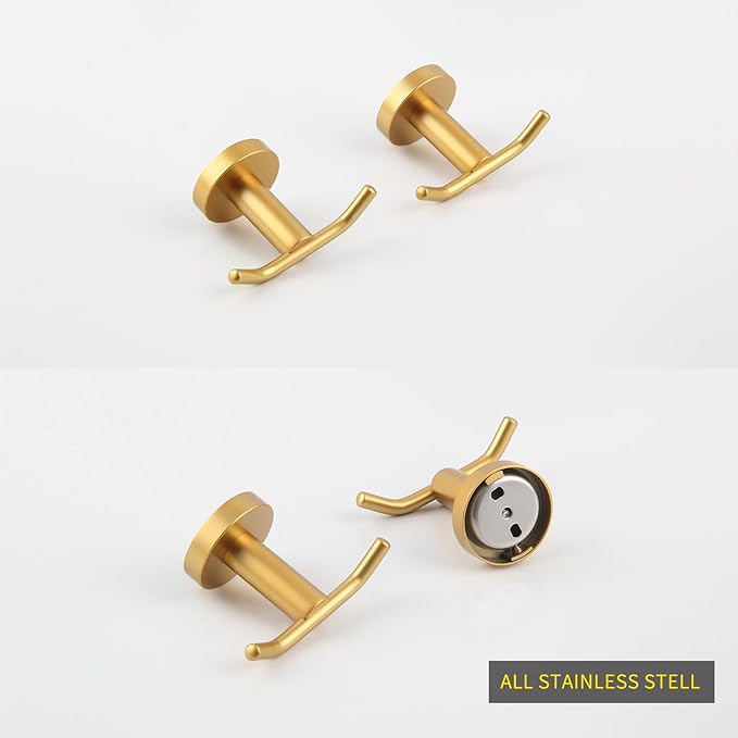 GERZWY Bathroom Double Coat Hook Gold Stainless Steel Towel/Robe Clothes Hook for Bath Kitchen Wall Mounted 2 Pack AG61908-2BE