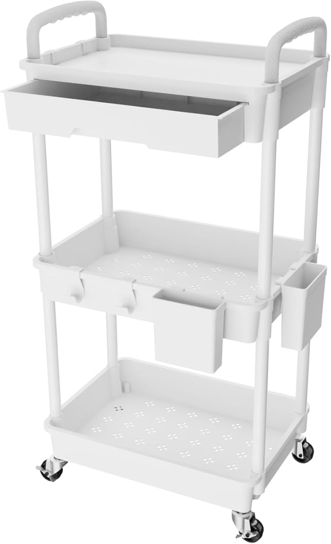 3 Tier Rolling Utility Cart with Drawer,REBECAT Utility Cart Made of Multifunctional Storage Organizer Tool for Kitchen,Bathroom,Living Room,Office(White)-NeatNest