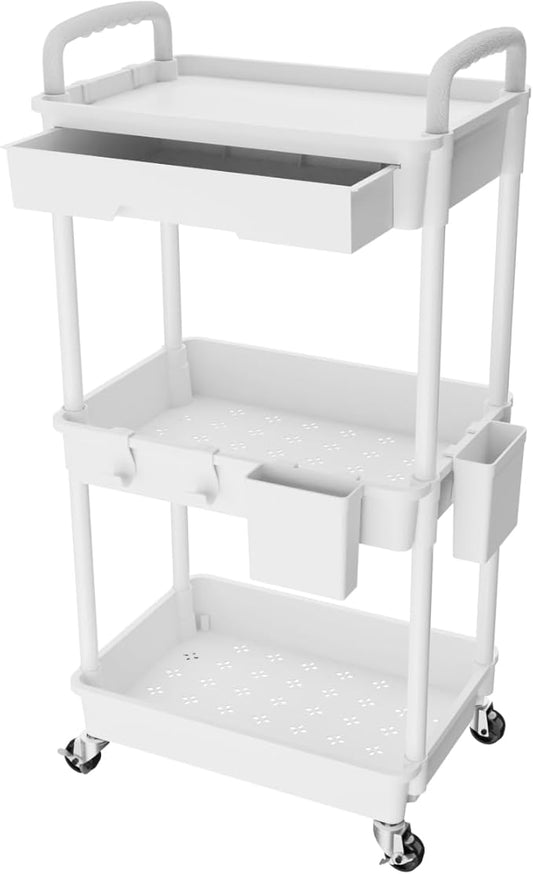 3 Tier Rolling Utility Cart with Drawer,REBECAT Utility Cart Made of Multifunctional Storage Organizer Tool for Kitchen,Bathroom,Living Room,Office(White)-NeatNest