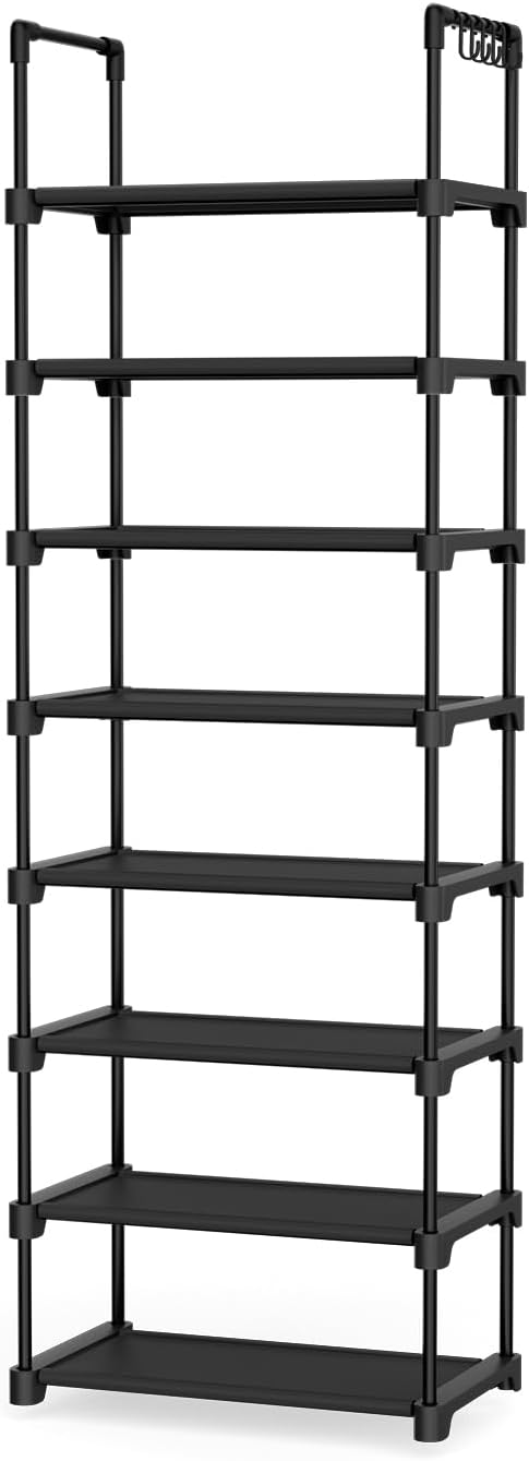 Tall Shoe Rack 8 Tiers, 16-20 Pairs Shoe and Boots Organizer Storage Sturdy Shoe Shelf, Narrow Vertical Shoe Rack for Entryway, Closet, Metal Shoe Organizer with 5 Hooks-NeatNest